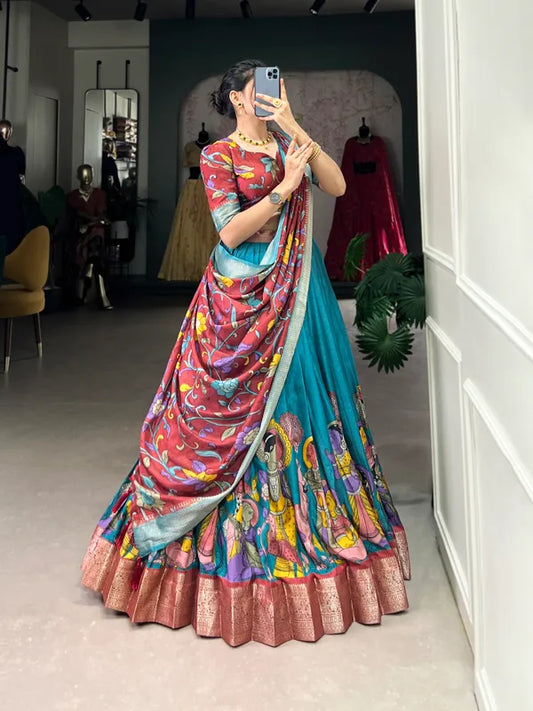 Firozi Color Dola Silk Designer Kalamkari Print Lehenga Choli