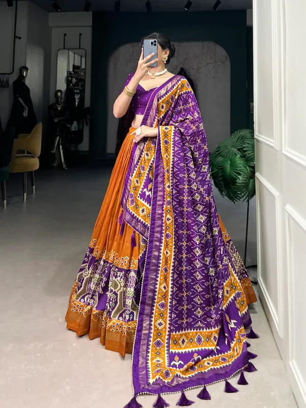 Yellow Tussar Silk Patola Print Trendy Lehenga Choli