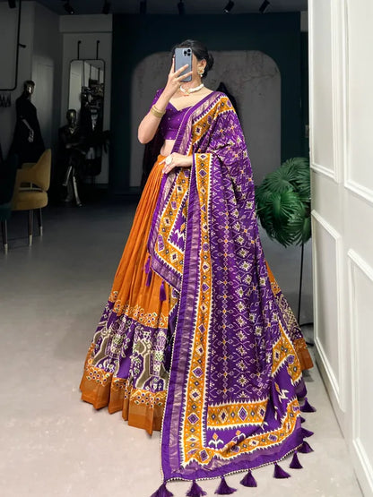 Yellow Tussar Silk Patola Print Trendy Lehenga Choli