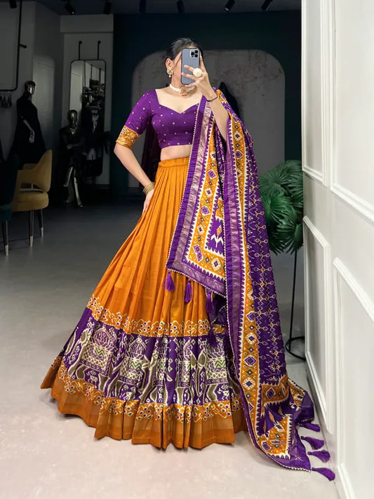 Yellow Tussar Silk Patola Print Trendy Lehenga Choli