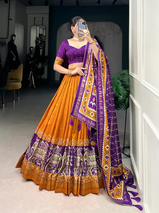 Yellow Tussar Silk Patola Print Trendy Lehenga Choli