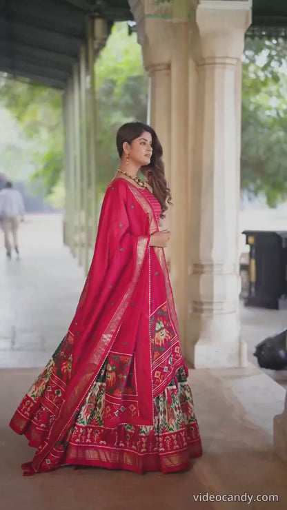 Green Tussar Silk Fabulously Patola Printed Stitched Lehenga & Blouse With Dupatta