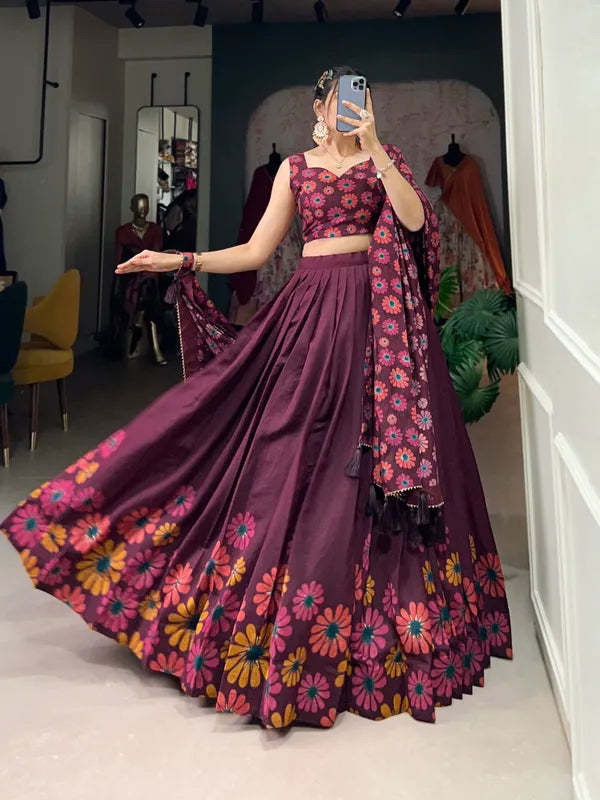 Wine Floral Lehenga Choli With Foil Print & Gotta Patti Dupatta