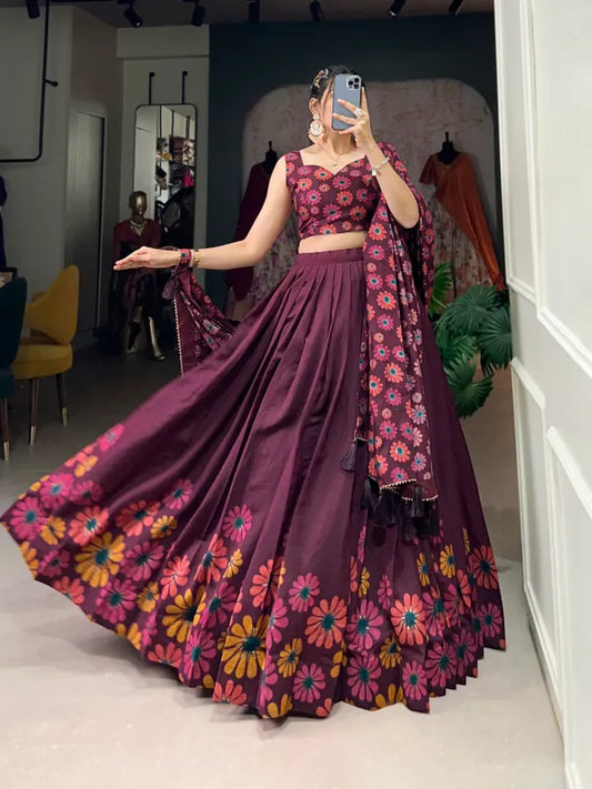 Wine Floral Lehenga Choli With Foil Print & Gotta Patti Dupatta