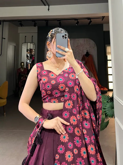 Wine Floral Lehenga Choli With Foil Print & Gotta Patti Dupatta