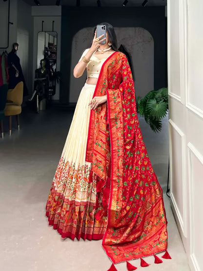 White Tussar Silk Patola Print Trendy Lehenga Choli In White