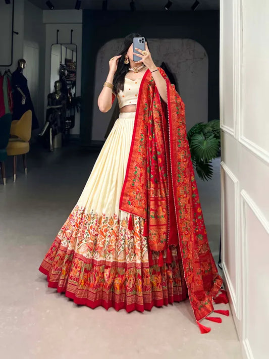White Tussar Silk Patola Print Trendy Lehenga Choli In White