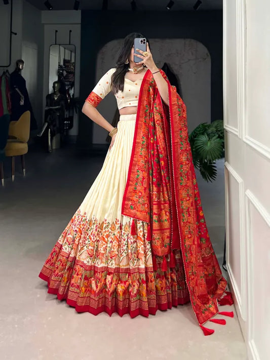 White Tussar Silk Patola Print Trendy Lehenga Choli In White