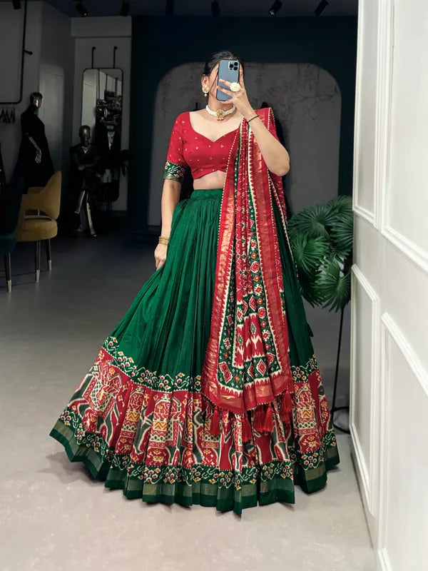 Green Tussar Silk Patola Print Trendy Lehenga Choli