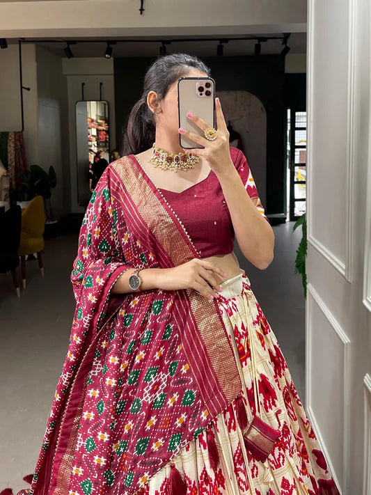 White Dola Silk Patola Print Traditional Lehenga Choli