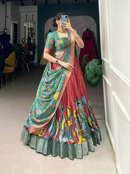 Red Color Dola Silk Designer Kalamkari Print Lehenga Choli