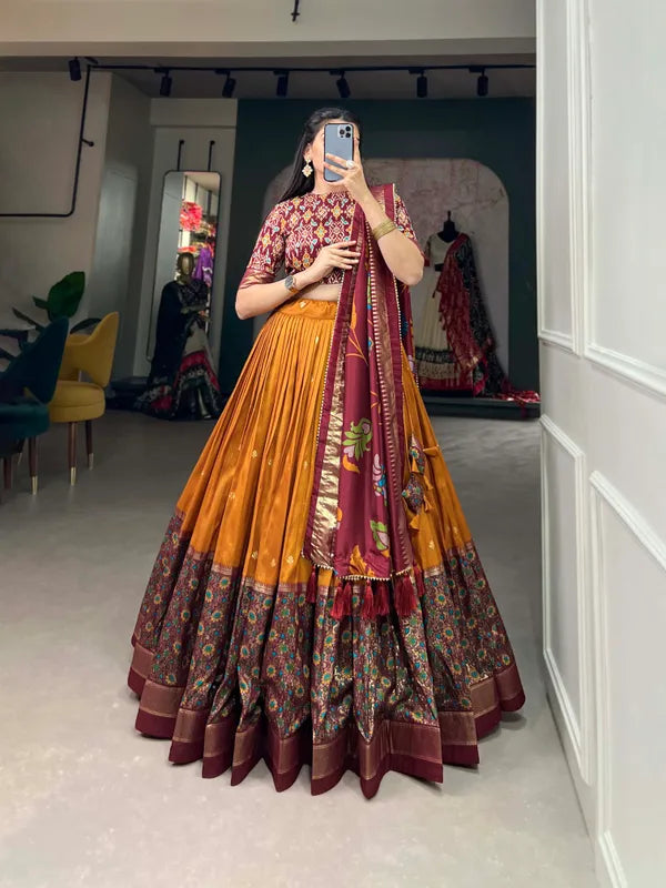 Yellow Floral Woven Flared Lehenga & Choli With Dupatta For Women
