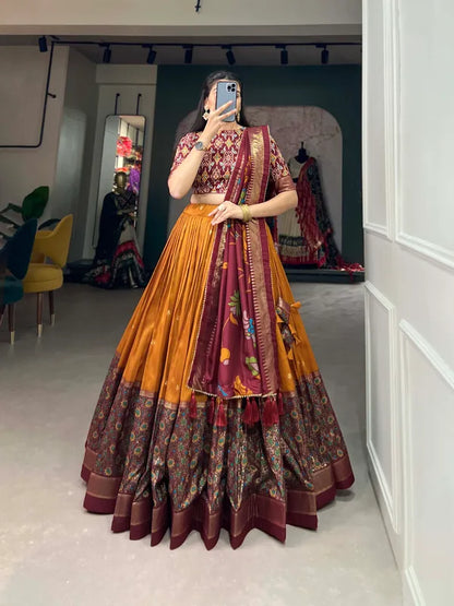 Yellow Floral Woven Flared Lehenga & Choli With Dupatta For Women