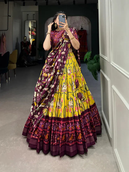 Yellow Tussar Silk Yellow Fabulously Patola Printed Stitched Lehenga & Blouse With Dupatta