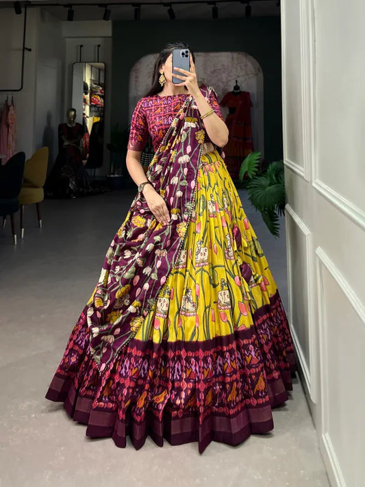 Yellow Tussar Silk Yellow Fabulously Patola Printed Stitched Lehenga & Blouse With Dupatta