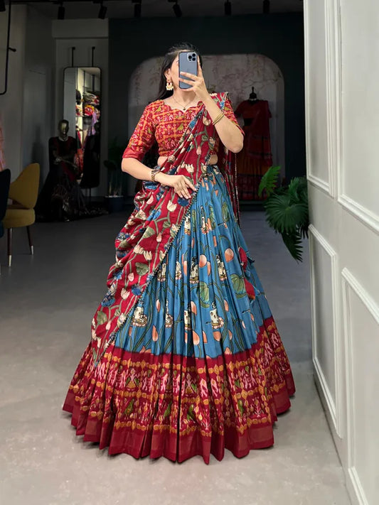 Firozi Tussar Silk Firozi Fabulously Patola Printed Stitched Lehenga & Blouse With Dupatta