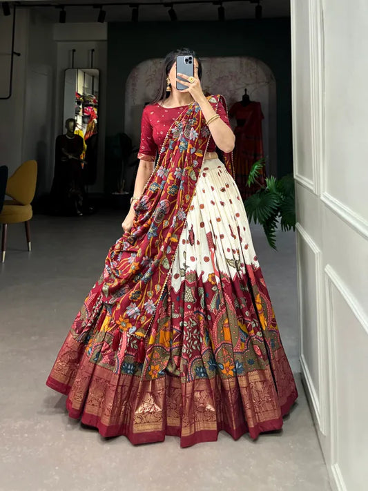 White Color Tussar Silk Foil Print Lehenga Choli