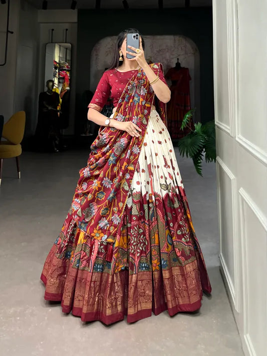 White Color Tussar Silk Foil Print Lehenga Choli